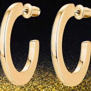 NIB PAVOI 14K Gold Plated 4mm Thick Flat Infinity Hoop Earrings with Gift Box